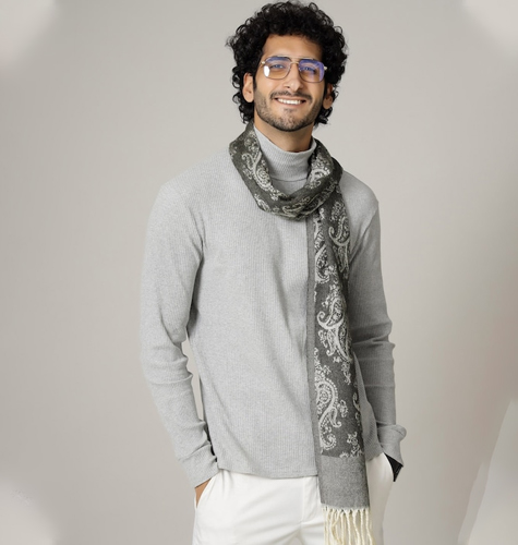 Men Green Woven Design Wool Muffler